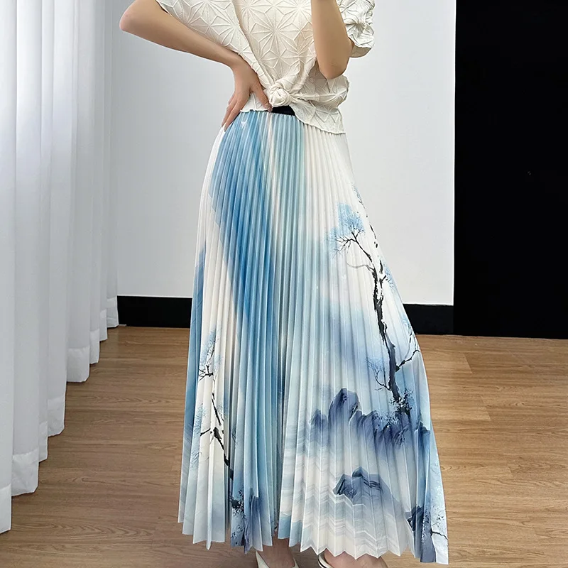 

Miyake Pleated Skirt Women's Fashionable Landscape Print High Waist Mid-length Hip-covering Casual Wide Swing Dance Skirt 2024