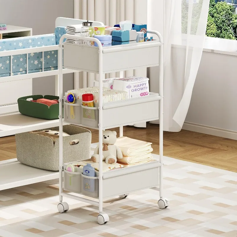 3-Tier Rolling Diaper Cart, Multi-Purpose Baby Organizer for Wipes Creams Bottles,Portable Nursery Storage Shelf, Caddy for home