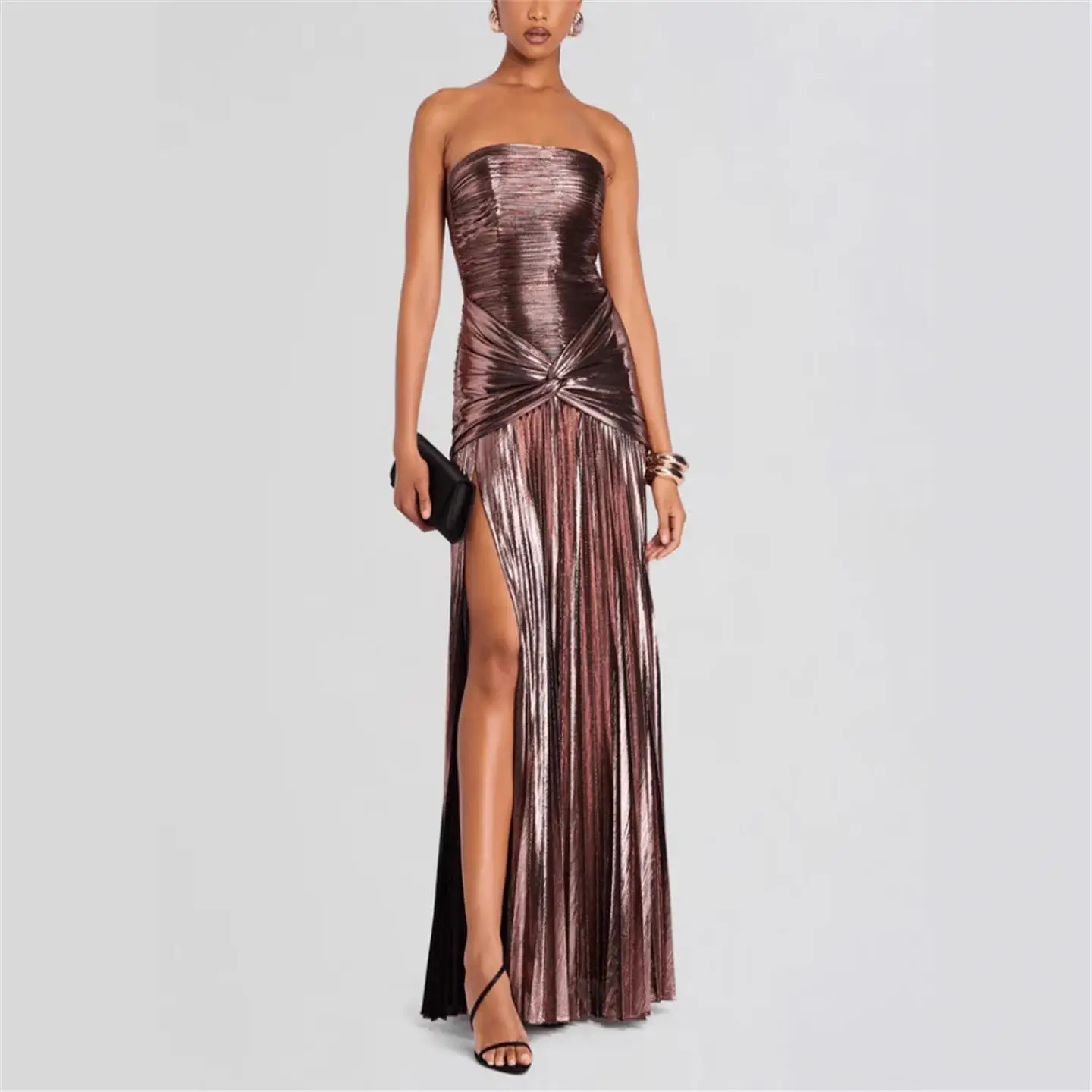 

Metallic Color Pleated Svel Wrap Dr Women's Independent Station Cross-Border Faion Sexy Mid-Waist A-Line Skirt
