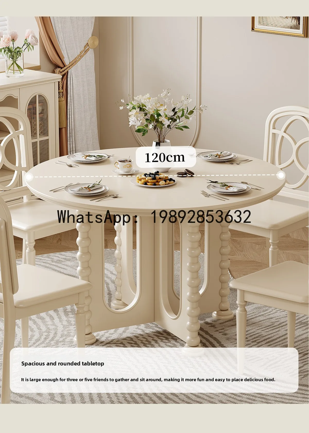 YFY French Cream Style Solid Wood Round Dining Table and  Set for Small  , Simple White Dining Table for Home Use