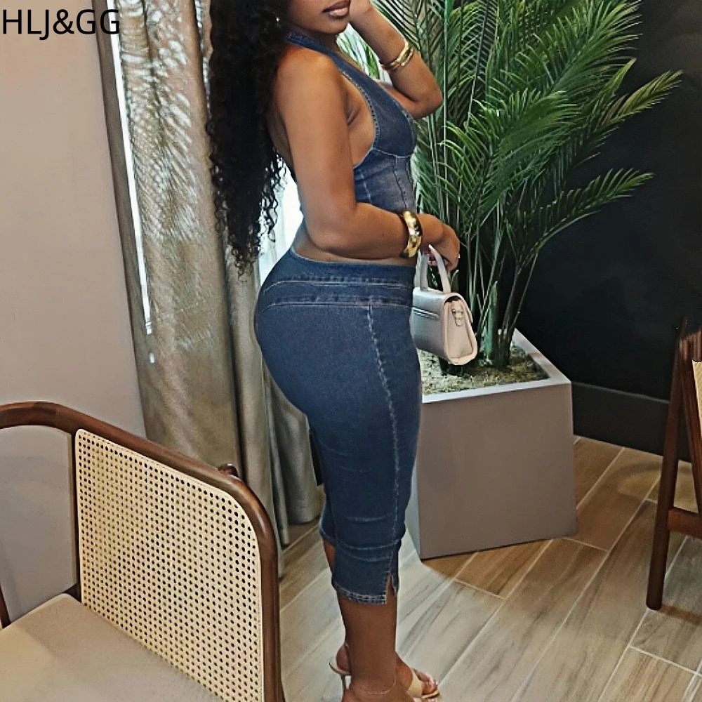 HLJ&GG Blue Fashion Denim Halter Two Piece Sets Women Sleeveless Backless Slim Crop Top And Skinny Jean Pants Outfits Streetwear