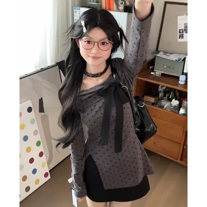 

Bow Polka Dot Side Slit Tee Asymmetric Sweet Sexy Off Shoulder Grey Blouse Harajuku Preppy Y2K Long Sleeve Slim Top