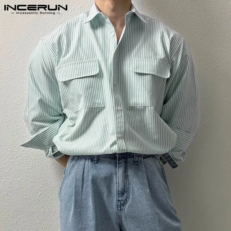 INCERUN Tops 2024 Korean Style Men\'s Double Pocket Design Striped Shirts Fashion All-match Solid Lapel Long Sleeved Blouse S-5XL