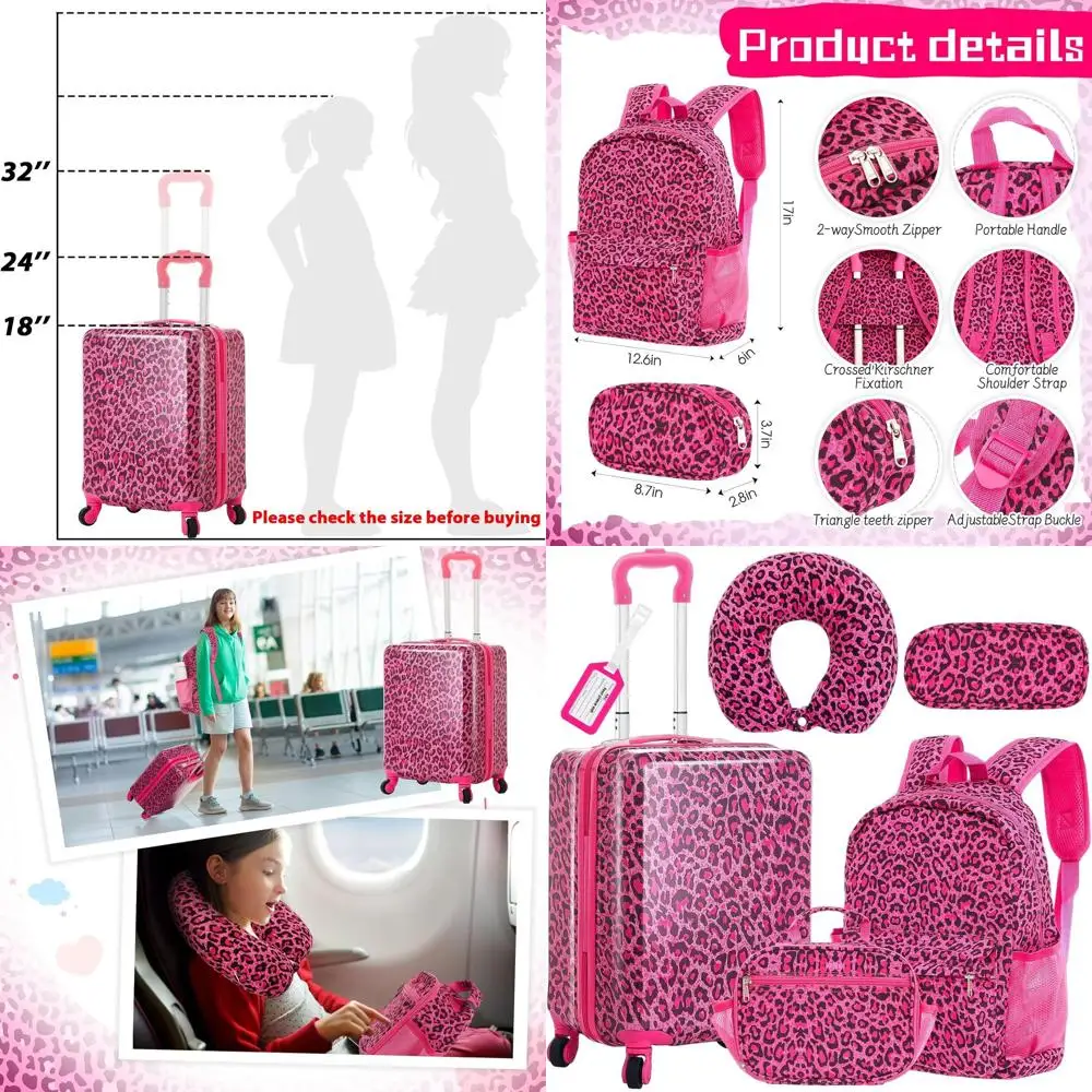 

Набор детского багажа из 6 предметов, 17 чемоданов на колесиках с ярко-розовым и леопардовым принтом для мальчиков и девочек, идеальный школьный подарок