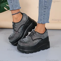Women Lace Up Wedges High Heel Pumps Rhinestone Glitter Female Black White Chunky Platform Fashion Sneakers Heels for Women
