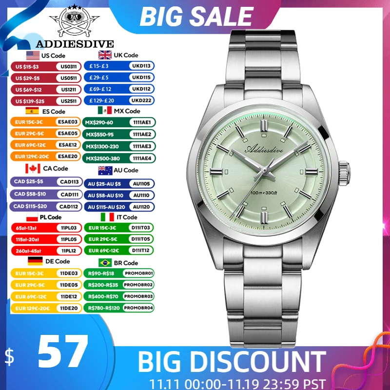 

ADDIESDIVE 2025 New Quartz Watch Men Luxury VH31 Domed Glass 100m Waterproof 316L Stainless Steel Luminous 36mm Fashion Watch