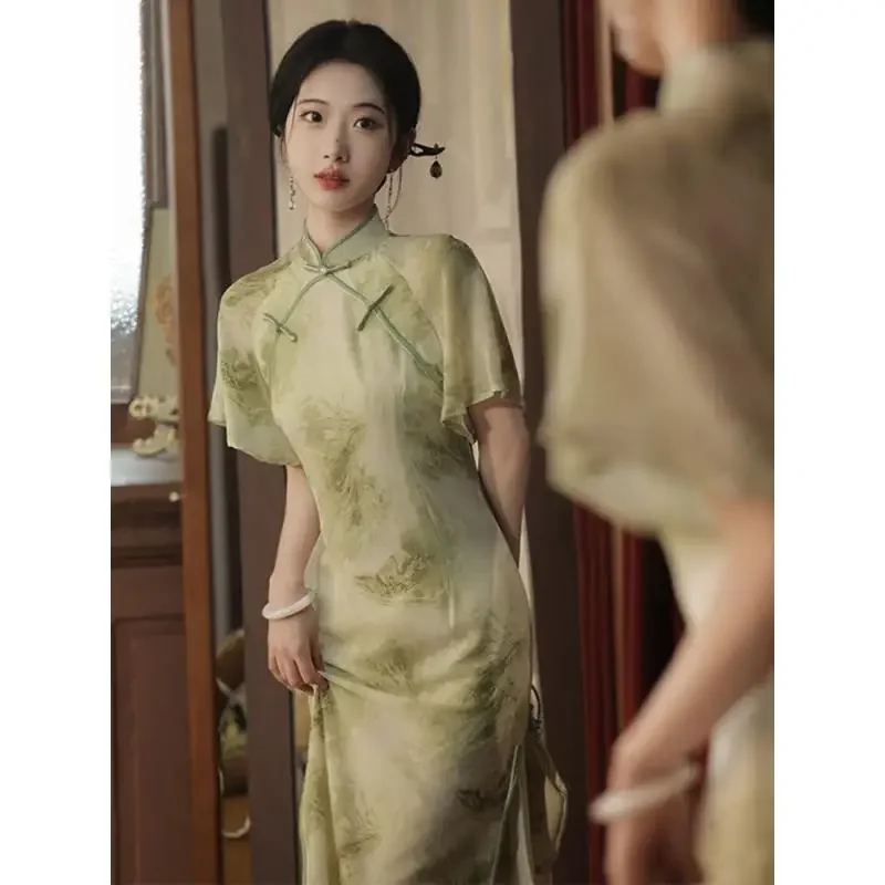 

Новое летнее элегантное женское длинное платье Cheongsam, винтажное вечернее платье Qipao для молодых девушек, тонкие вечерние платья, повседневная шифоновая юбка