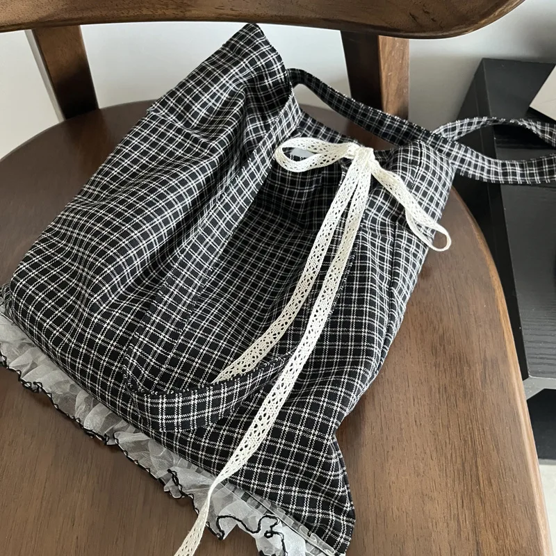 1PC Hundred Shoulder Bag Linen Color Woven Classic Black and White Grid Lace Lace Girls Bag Thin