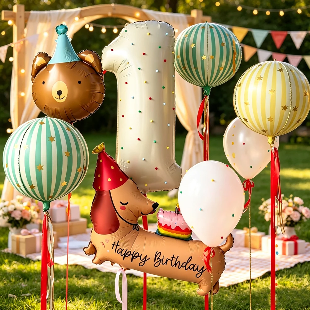 Kleiner Bär Wursthund Ballon-Set Milchweiße Zahlen- und Streifenballons Geeignet für Geburtstags- und Taufthemen-Dekoration – Detail 4