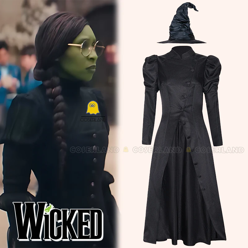 2024 Movie Wicked Elphaba Thropp Cosplay Costume Black Witch Dress Hat Uniform Wicked Witch of The West Halloween Party Women