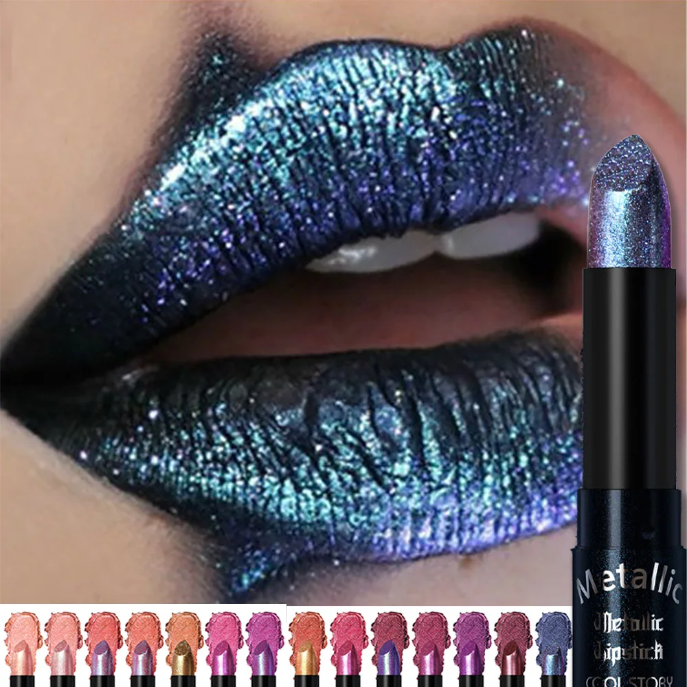 15Colors Metallic Glitter Lipstick Waterproof Lasting Diamond Pearlescent Metallic Lipstick Blue Lip Gloss Women Festival Makeup