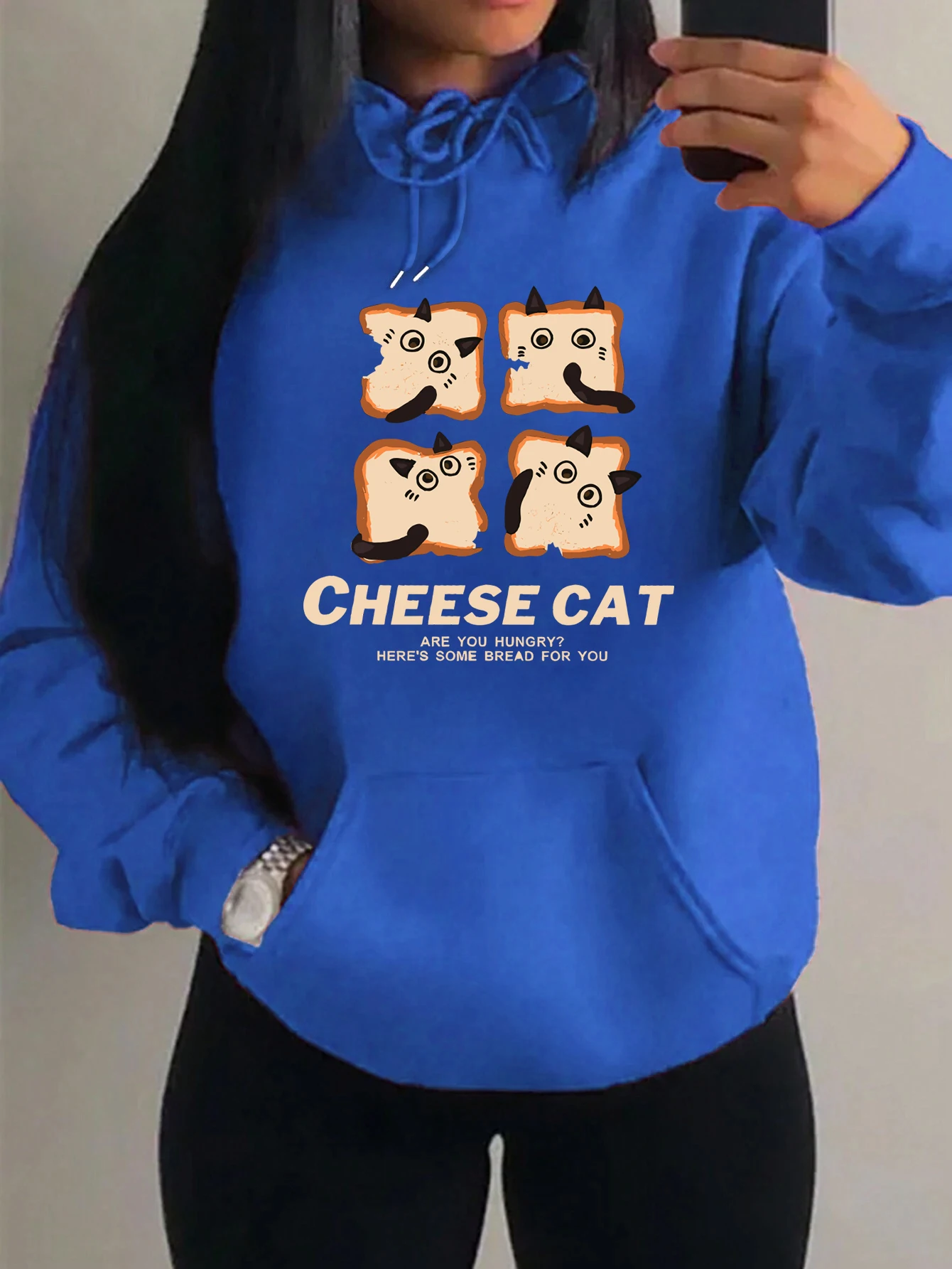 Cartoon Cheese Cat Prints Women Hoodie Pocket Harajuku Streetwear Multicolor Casual Pullovers Autumn Fleece Clothes Women