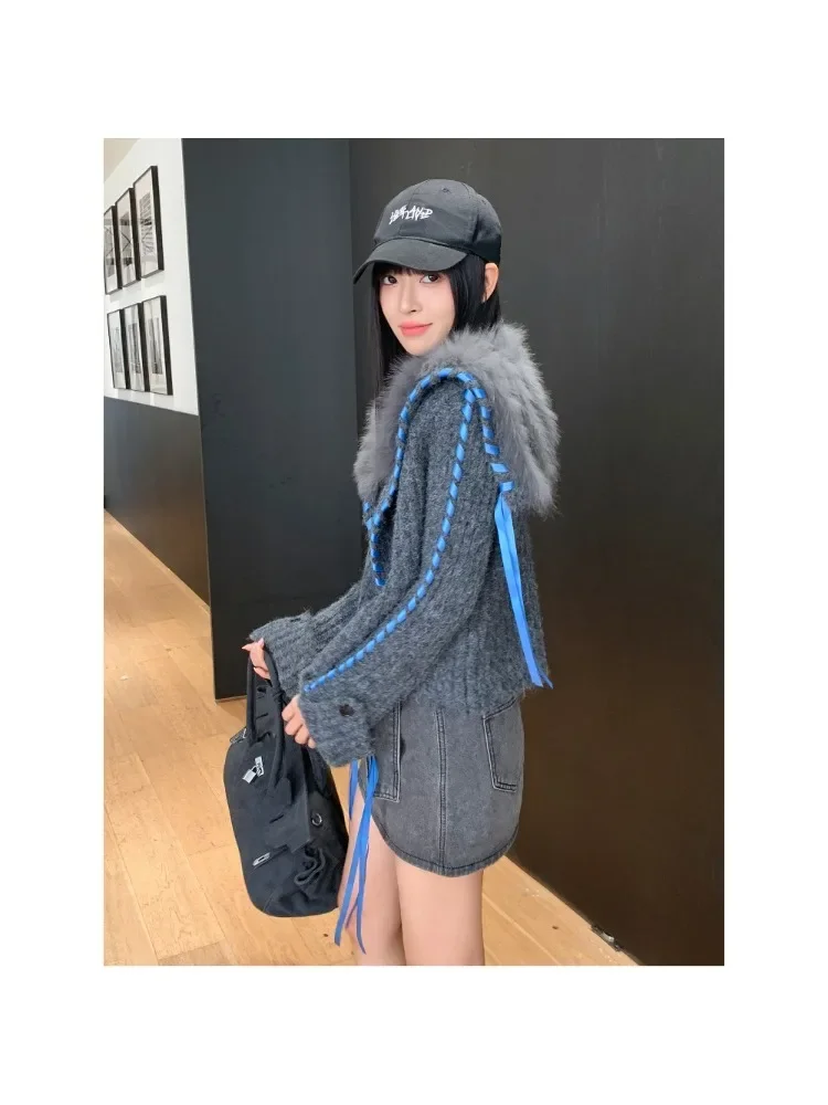 Women Slim Long Sleeve Cardigan Jacket Knitting Real Fox Fur Coat Female New Autumn Winter Clothes Knitted Sweater