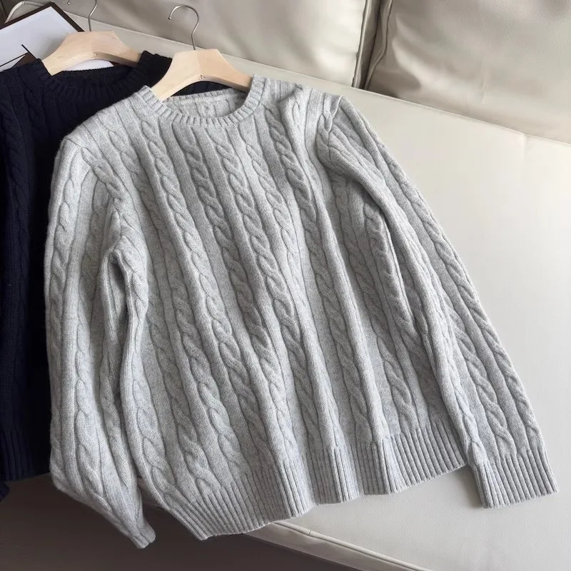 

Мужской повседневный вязаный свитер из 100% шерсти с круглым вырезом, узором косы, для осени и зимы, модный, приятный к телу, дышащий
