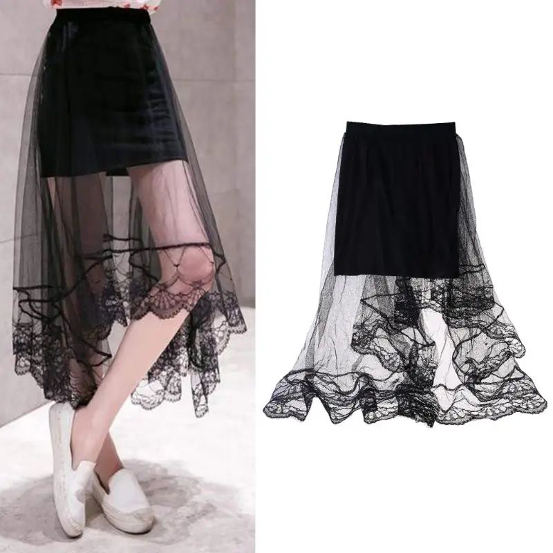 Women High Waist Scalloped Lace Trim Midi Long Skirt Lined Solid Color Irregular