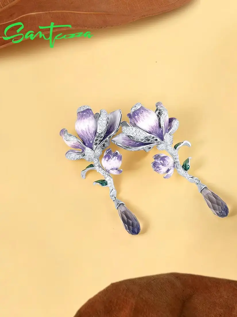 SANTUZZA Echte 925 Sterling Silber Ohrhänger für Damen, Weißer Kubischer Zirkonia, Lila Farbverlauf Emaille-Blume, Schicker Edel-Schmuck