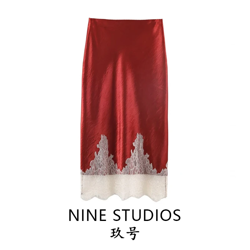 Damska spódnica Nine Zar, codzienna, z koronkowym wykończeniem, z jedwabnej satyny, z blokami kolorów, z wysokim stanem, o prostym kroju, w stylu europejskim.