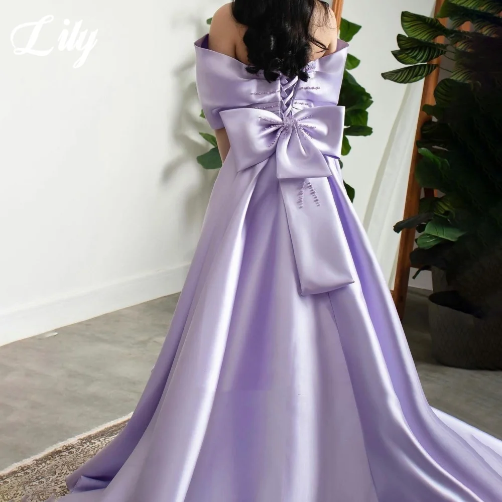 

Lily Lilac Prom Dresses Off the Shoulder Trumpet Beading Evening Dress Bow Detail Top and Sweep Train Party Dresses Customized