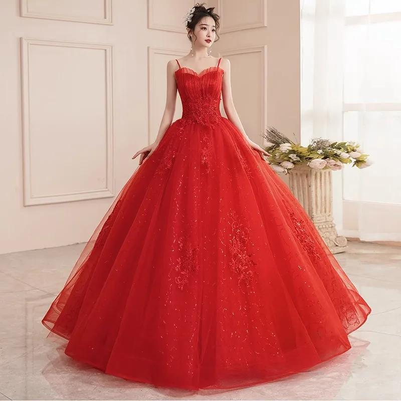 Red Strap Main Wedding Dress New Bride Suspender Strapless Strapless Floor To Ceiling Forest Style Slimming Evening Gown