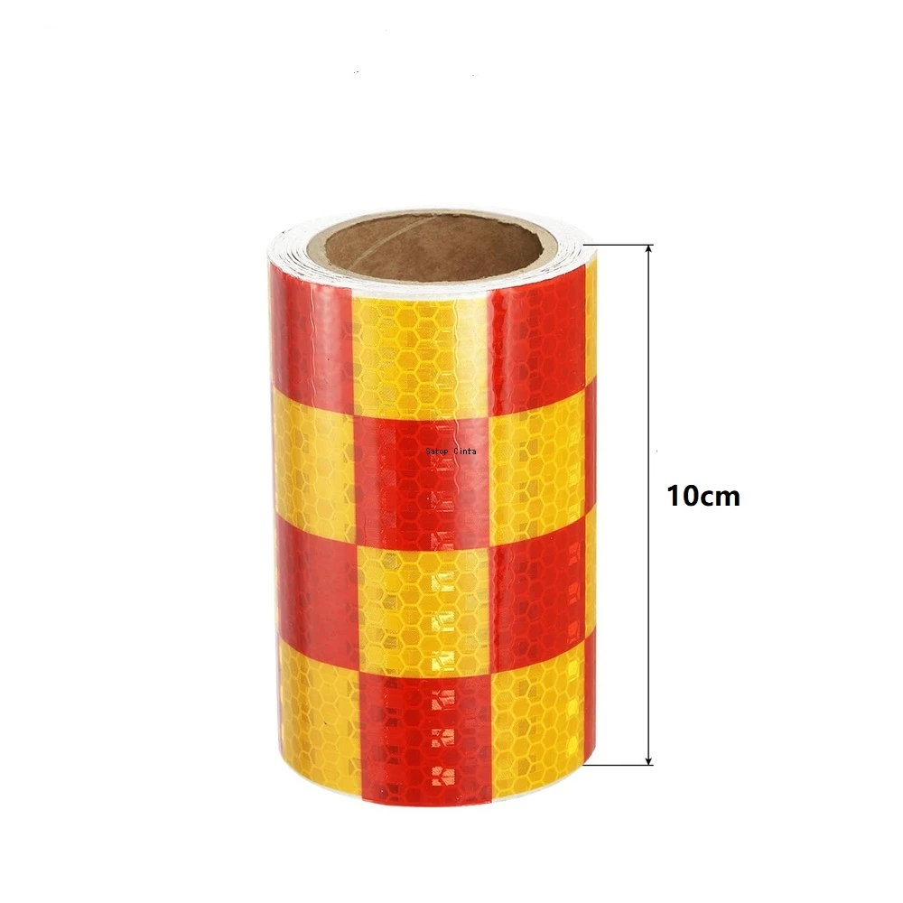 10cm*5m Waterproof Reflective Adhesive Tapes Self-Adhesive Yellow-Red High Visibility Safety Warning Grid Reflectors Car Sticker