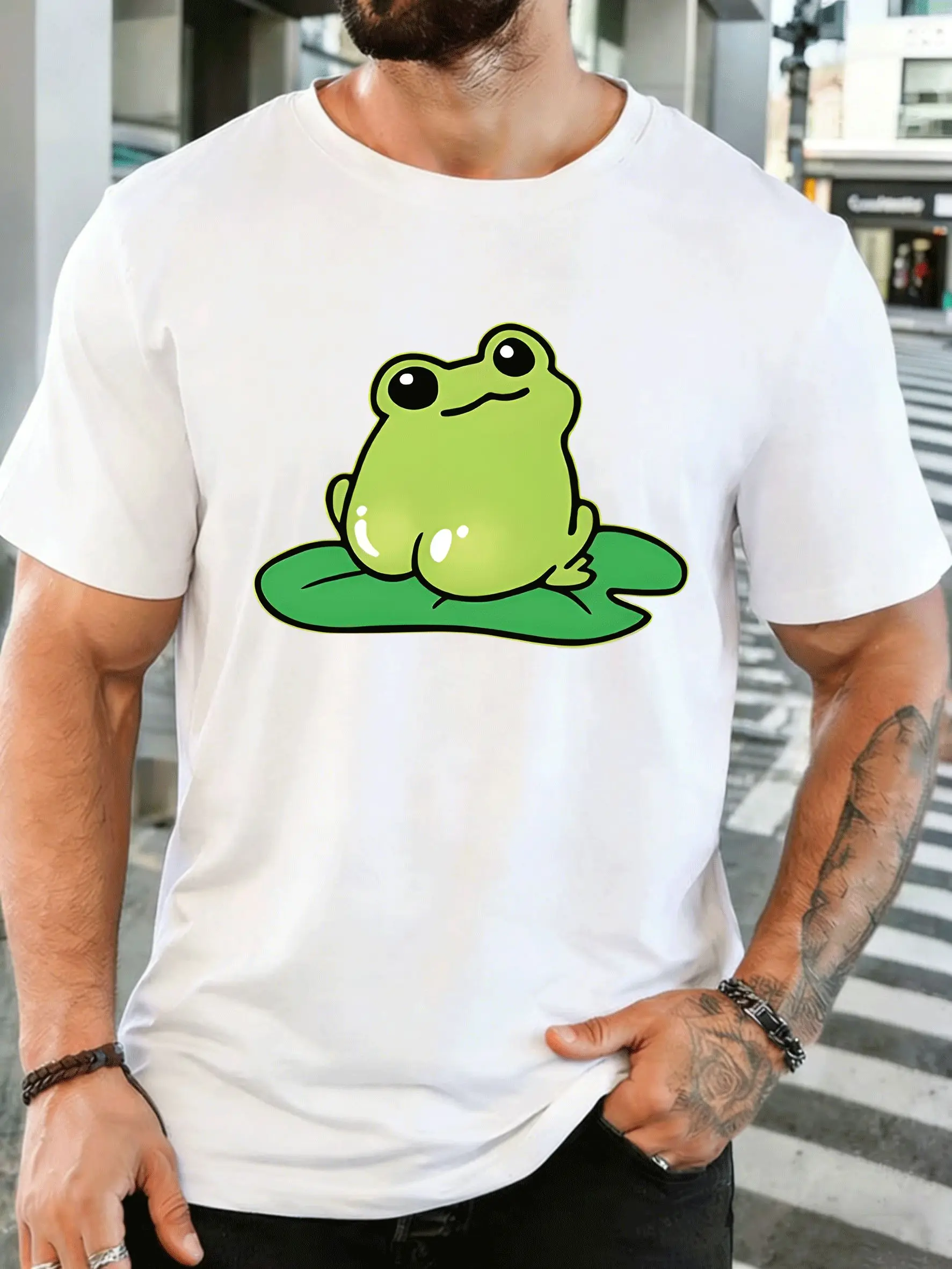 Cute Green Frog On Lotus Leaf Mens Front Print T Shirt Funny Amphibian Graphic Tee Casual Short Sleeve Top Animal Lover Gift