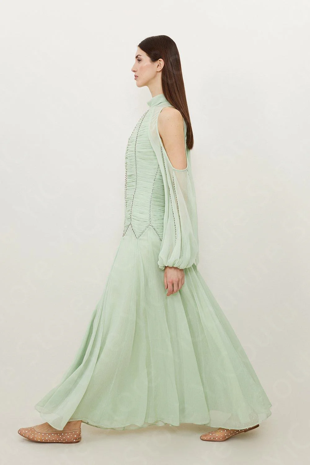 Customized Charming Mint Evening Dresses 2025 Arabic Prom Gowns Off Shoulder Sleeves Wedding Party Dresses High Collar Beading image 3