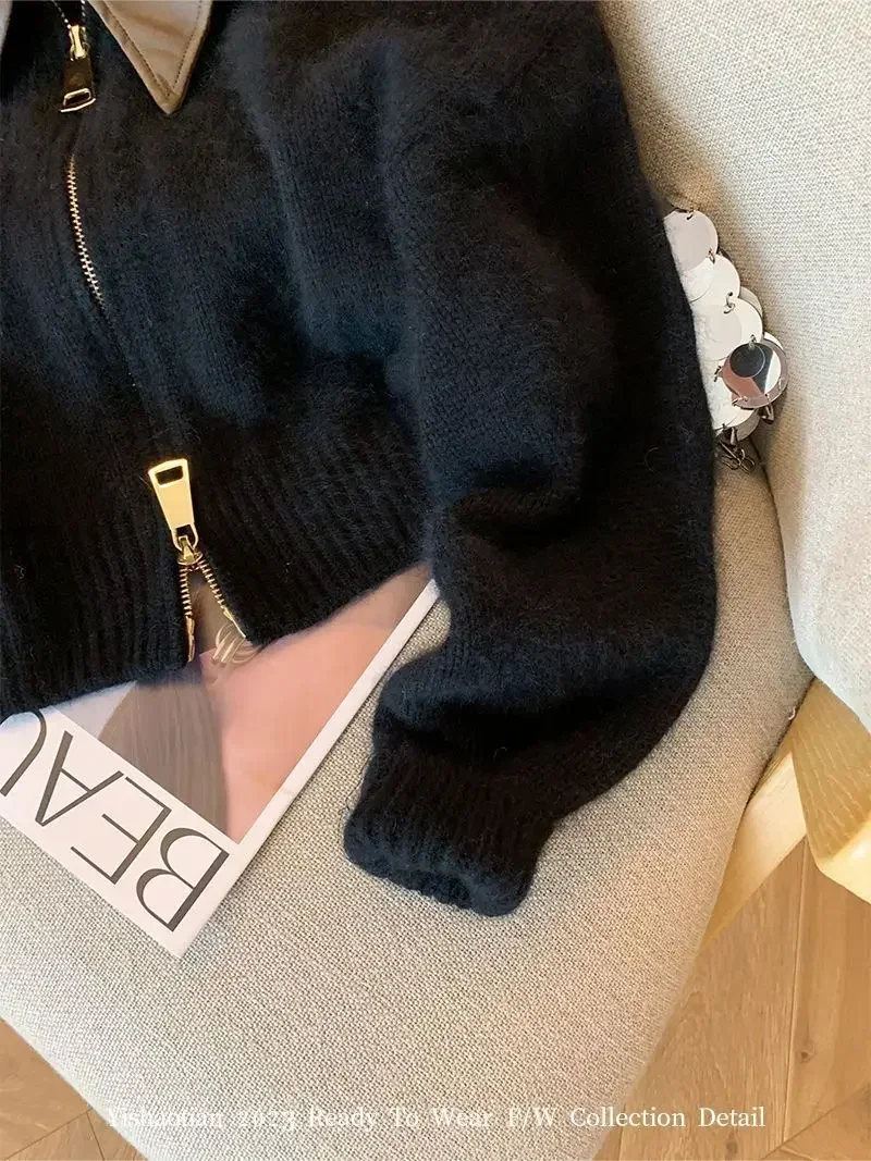 Volle Ärmel solide Frauen drehen Kragen lose lässige Strick mäntel Reiß verschluss Herbst Winter 2024 regelmäßige Spleiß pullover Strickjacke