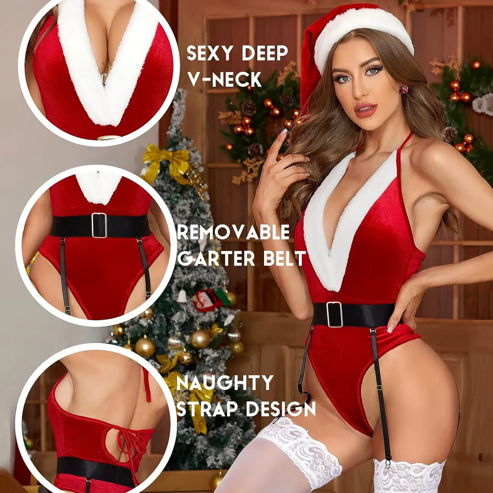 Christmas Lingerie For Women Sexy Bodycon Christmas Home Wear Pajamas Santa Lingerie Red Teddy Bodysuit Santa With Belt And Hat