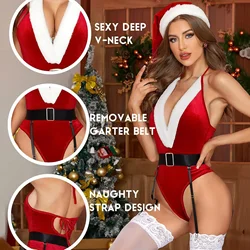 Christmas Lingerie For Women Sexy Bodycon Christmas Home Wear Pajamas Santa Lingerie Red Teddy Bodysuit Santa With Belt And Hat