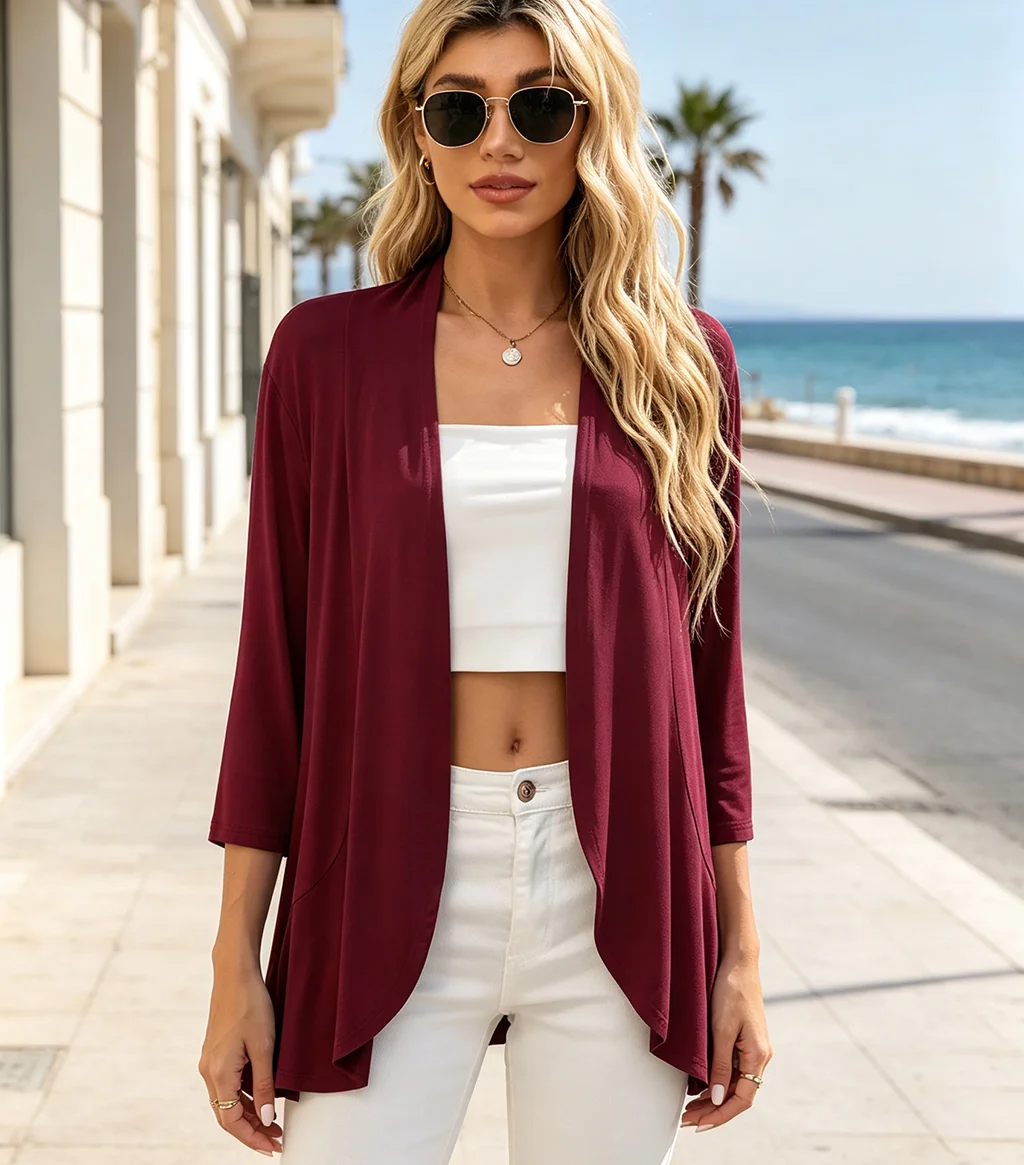 Women 3/4 Sleeve Open Front Cardigan Casual Loose Lightweight Drape Hem Cover Up Jacket Summer Daily Outerwear