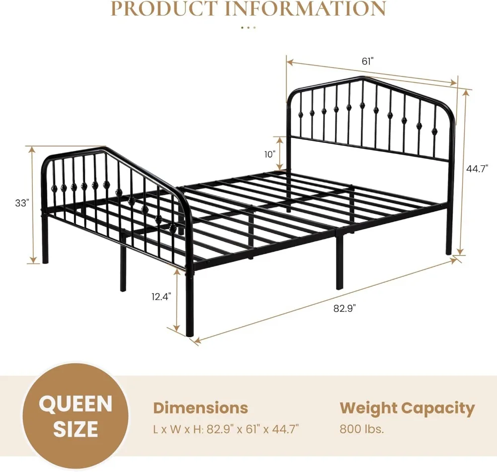 Queen Size Metal Platform Bed Frame with Victorian Wrought Iron Headboard, No Box Spring Needed, Black Finish