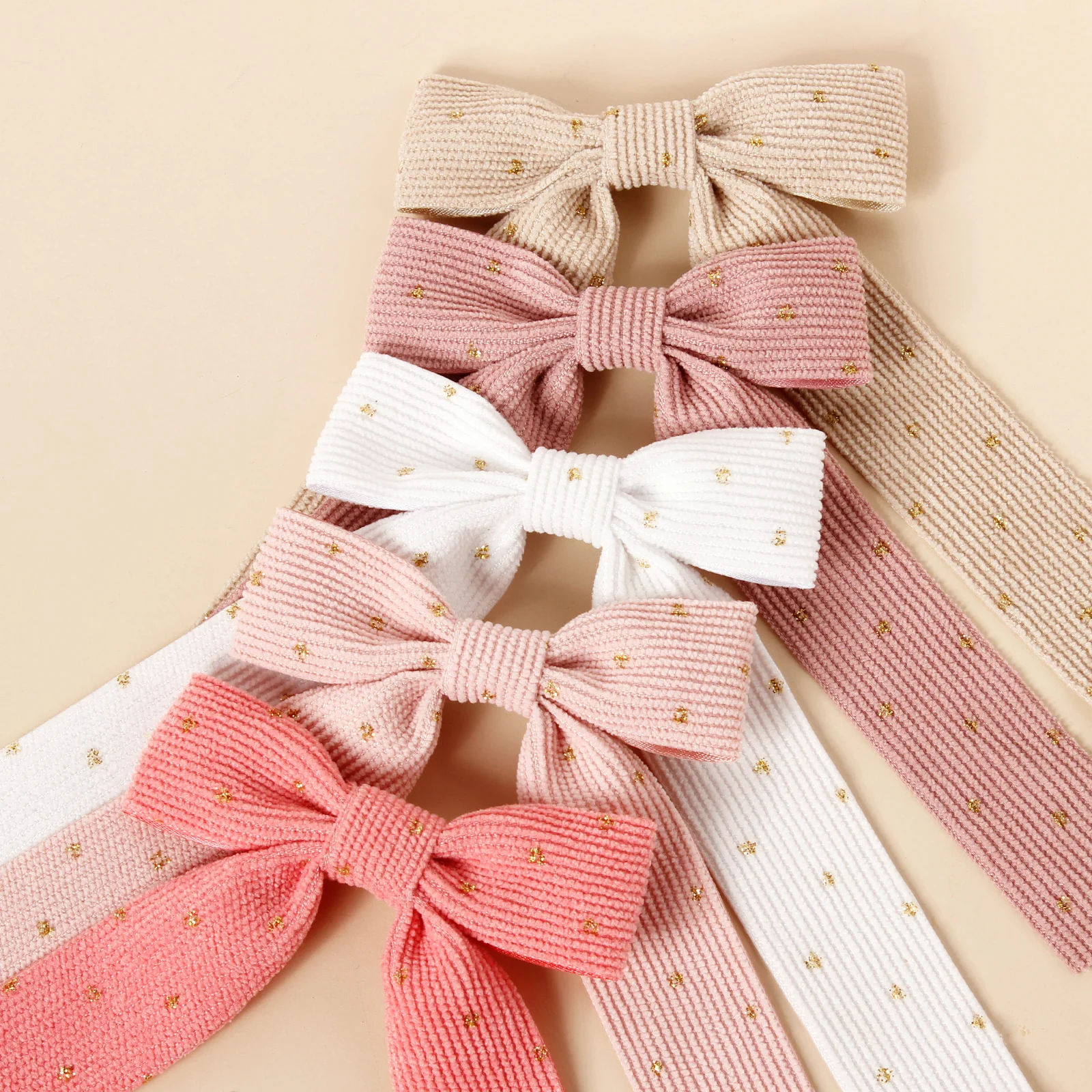 5PCS Mädchen Cord Bogen Haar Clips Kinder Punkt Zehe Haarspangen Kinder Flach Knoten Haarnadeln – Detail 4