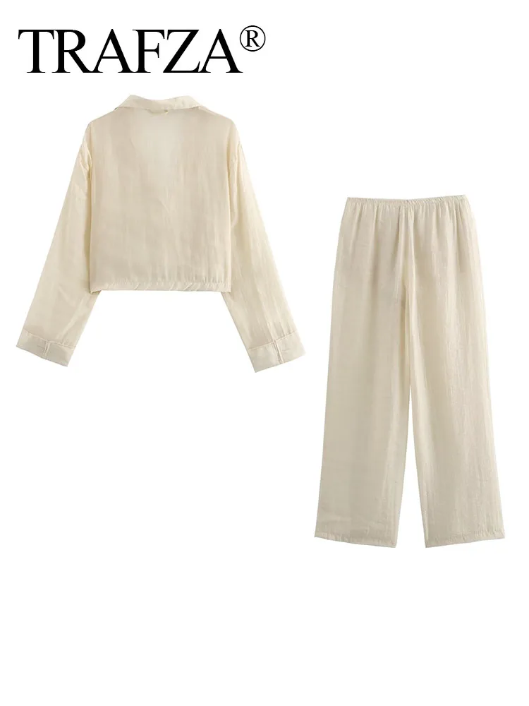 TRAFZA-Top e Calças de Manga Longa Feminina, Colarinho Curto, Peito Único, Elástico na Cintura, com Cordão, Sólido, Verão, 2 peças
