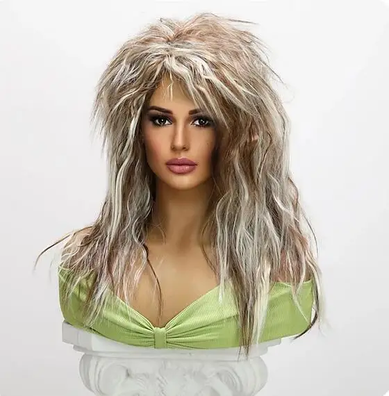 24-inch Synthetic Wig for Women 70S 80S Long Curly Brown White Wig Punk Heat Resistant Wig