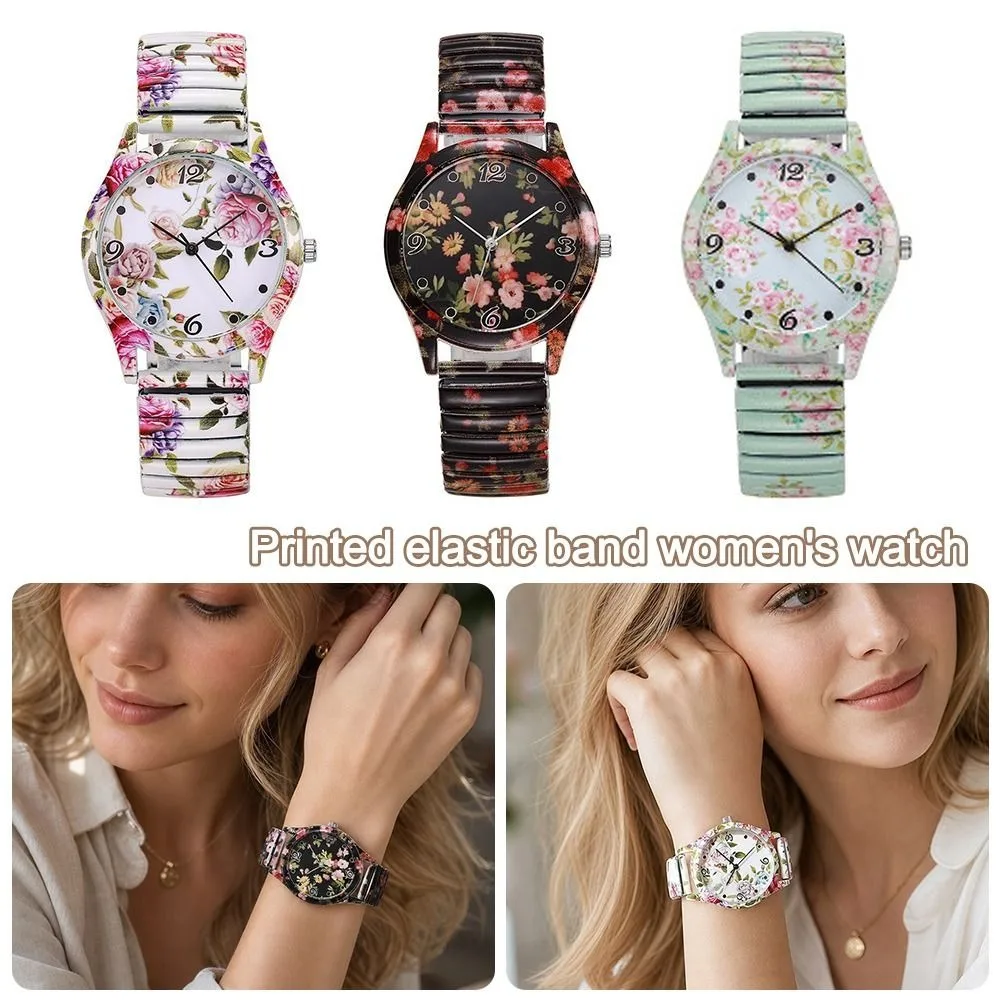 Flower Printed Flower Printed Watch Elastic Strap Lightweight Women Quartz Wristwatch Quartz Movement Arabic Dial Watch