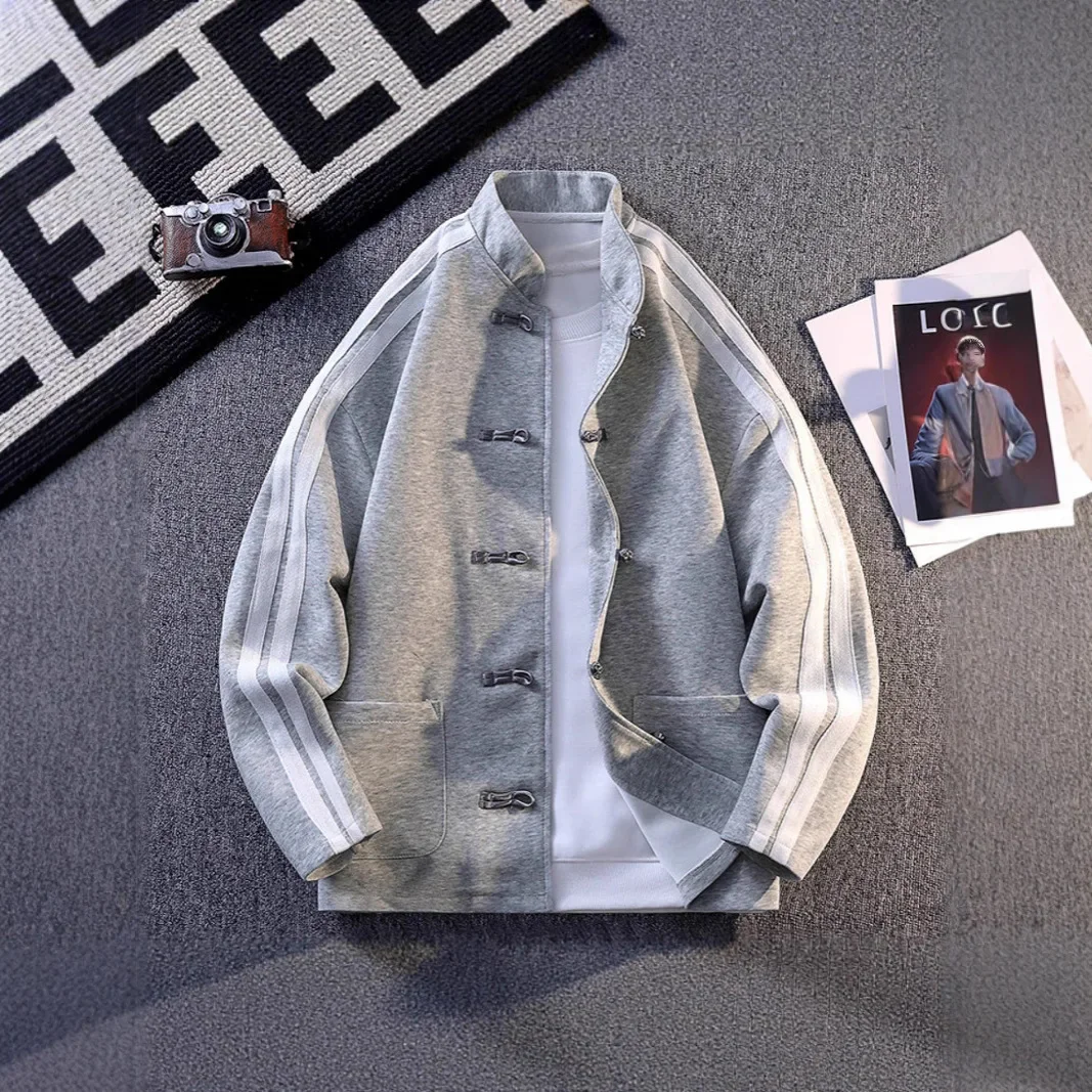 سترة رجالية فضفاضة غير رسمية مرقعة ملونة بياقة واقفة وأزرار لأعلى معطف عتيق على الطراز الصيني مقاس كبير ملابس للأزواج