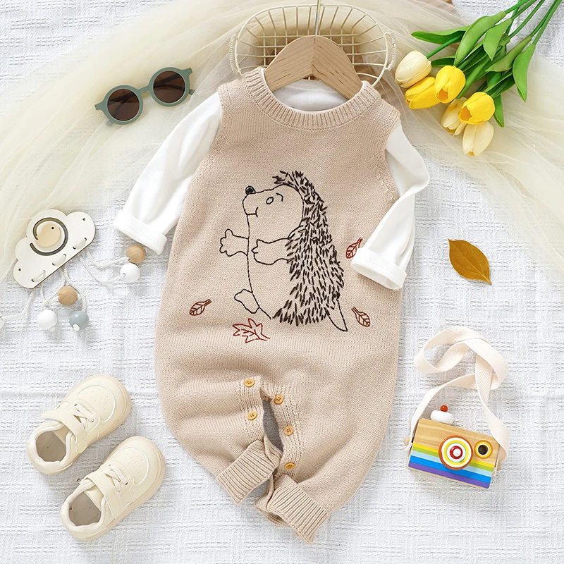 Newborn Baby Romper Knit Infant Boy Girl Jumpsuit Cute Cartoon Hedgehog Child Clothing 0-18M Overalls Playsuit Summer Sleeveless