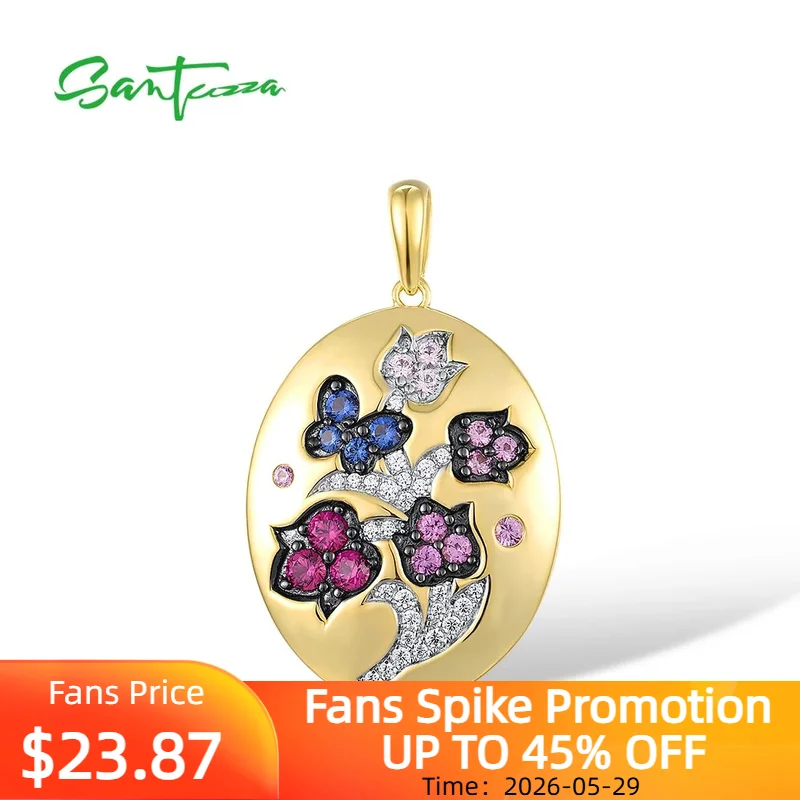 

SANTUZZA 925 Sterling Silver Flower & Butterfly Pendant For Women Created Ruby/ Pink Sapphire White Cubic Zirconia Fine Jewelry
