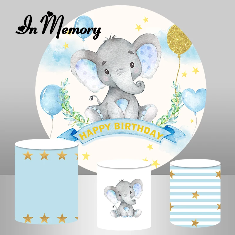 

Elephant Baby Shower Round Backdrop Cover Little Star Balloons Boys Newborn Baptism 1st Birthday Party Background Elastic