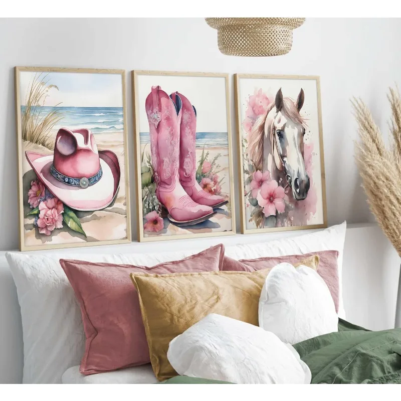 

3pcs Modern Pink Western Cowgirl Poster Print,Frameless Canvas Poster,Wall Art Canvas Painting,Bedroom Living Room Wall Decor
