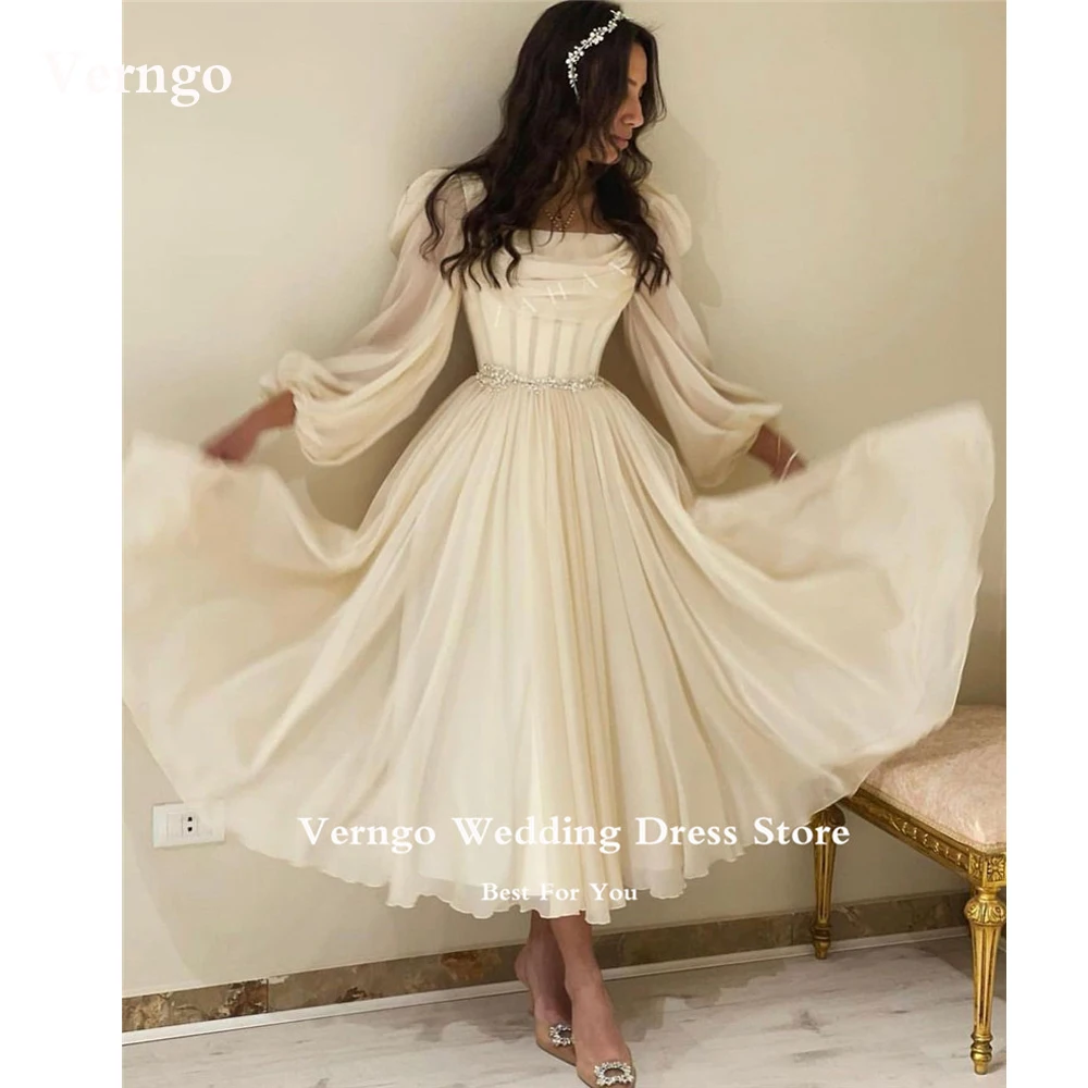 Verngo Vintage Lined Long Sleeves Bride Party Dresses Ankle Length Midi Prom Gowns Tiered Formal Women Evening Dress Wedding