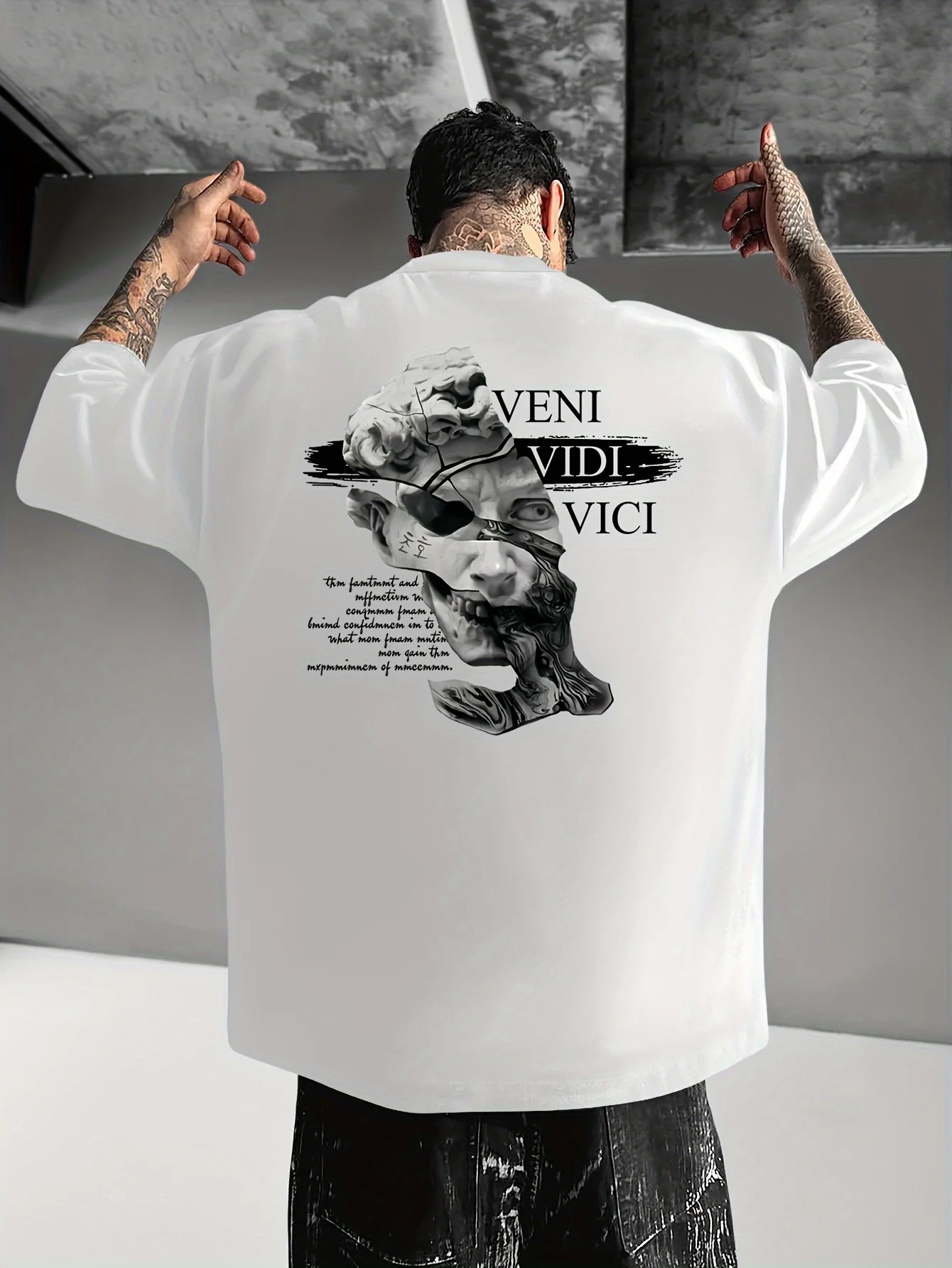 Summer men's pure cotton casual fashion shattered David statue dark high street style loose round neck short sleeved T-shirt top