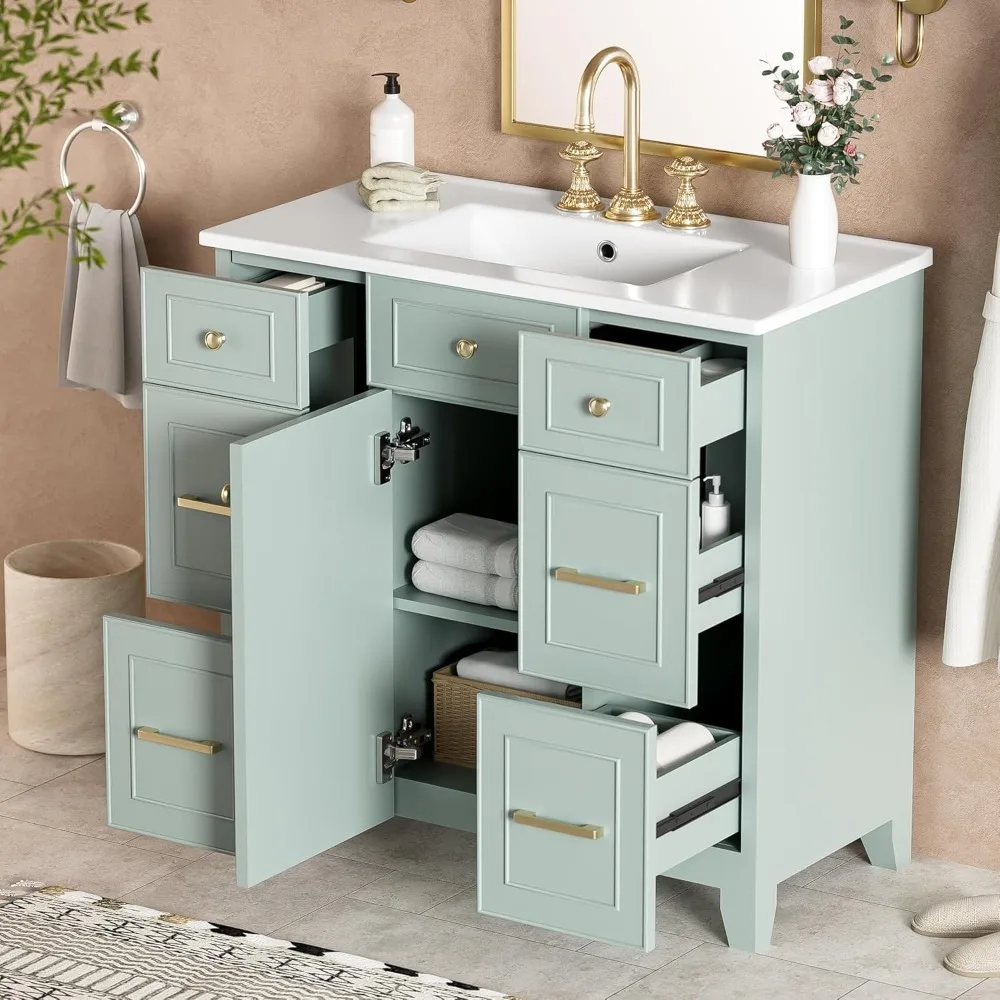 

36" Bathroom Vanity with Sink, Free Standing Single Basin Vanity Set with 4 Drawers & 2 Soft Close Doors