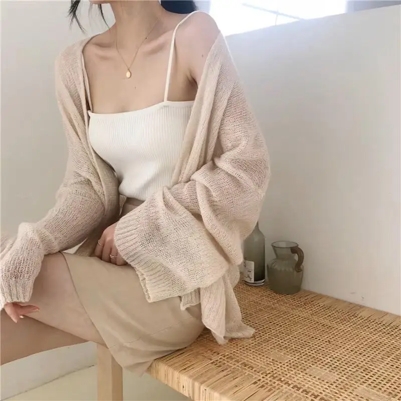 

Women's Sun Protection Knit Cardigan Summer Fashionable Casual Long Sleeved Solid Color Hollow Out Lightweight Cover Up Top