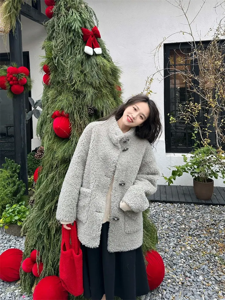 울 혼방 가죽 재킷 여성용 겨울 루즈핏 중간 길이 작은 칼라 버튼 코트 통근용 스타일리시 의상