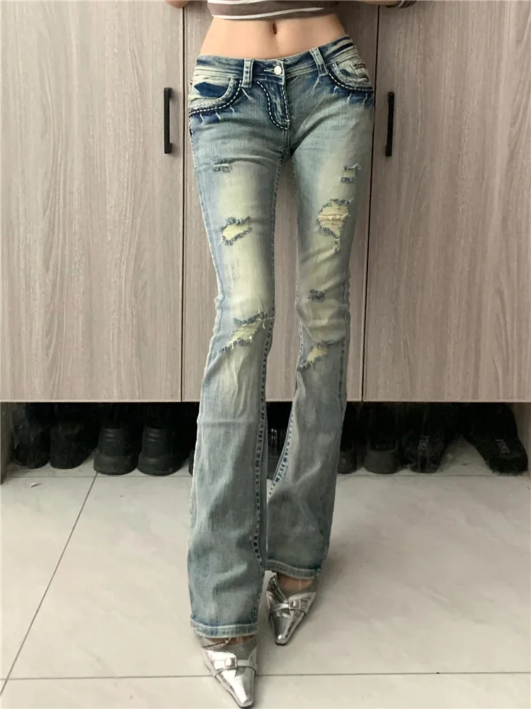 

Retro American Vibe Hole Denim Jeans Women Summer Low Waist Slim Tall Extended Micro Flared Pants Washed Process Slim Fit