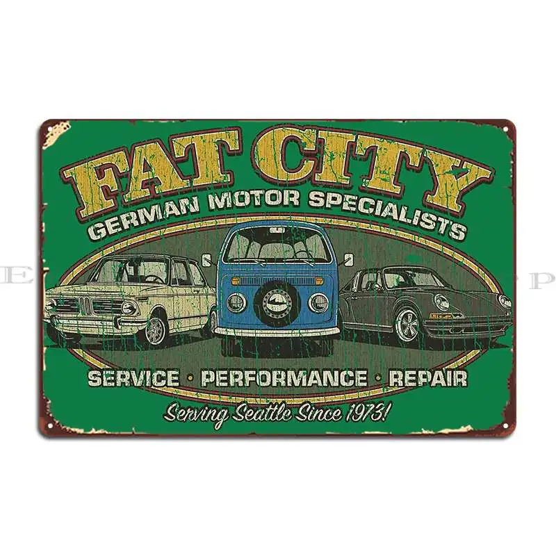 Fat City German Motor Specialists 1973 Metal Sign Personalized Cinema Bar Club Print Tin Sign Poster