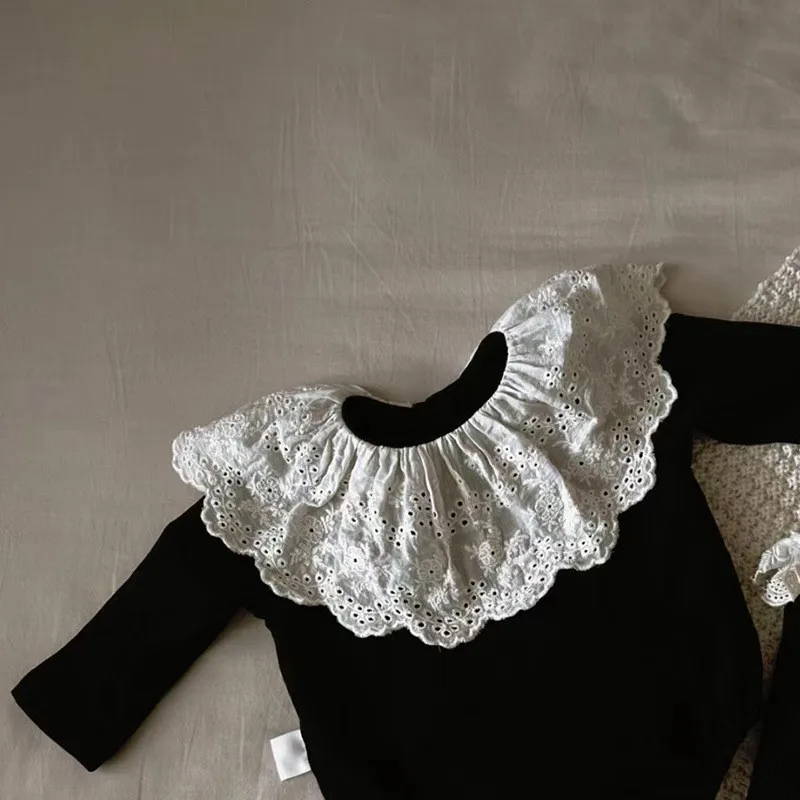 Newborn Baby Girl Black Cotton Lace Collar Romper Infant Toddler Solid Long Sleeve Jumpsuit Spring Autumn Baby Clothes 3M-18M