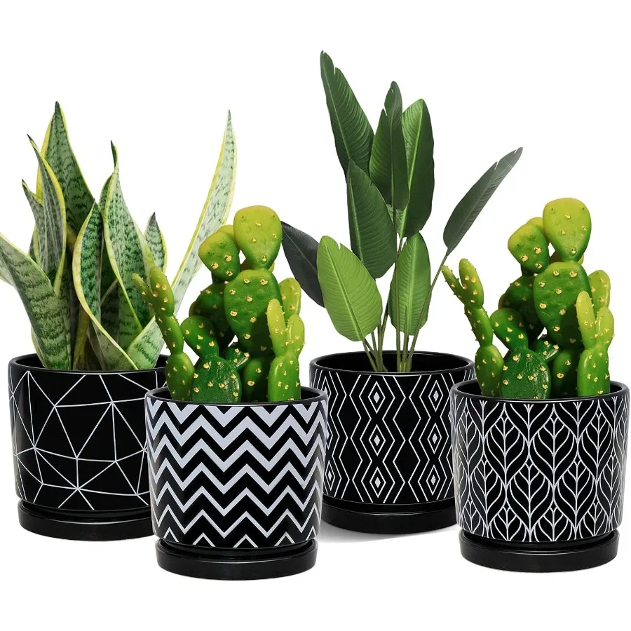 

Flower Pots5.5 Inch Black Ceramic Planter with Drainage Hole Indoor Cylinder Plant Pots with Saucer Cactus Succulent Outdoor Ga