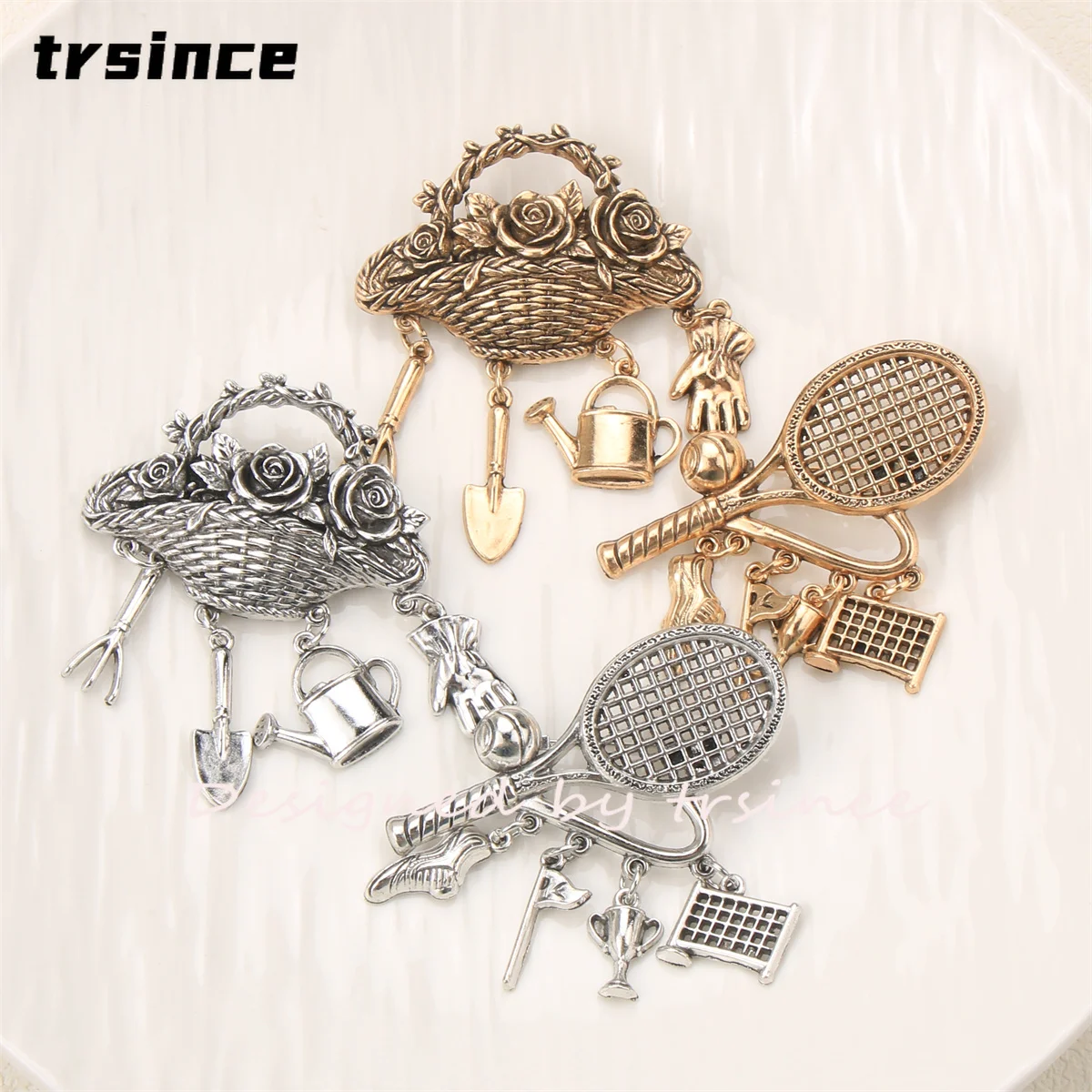 Vintage Flower Basket Tennis Racket Brooch Dangle Charms Lapel Pin Gardening Sport Theme Brooches Women Coat Jewelry
